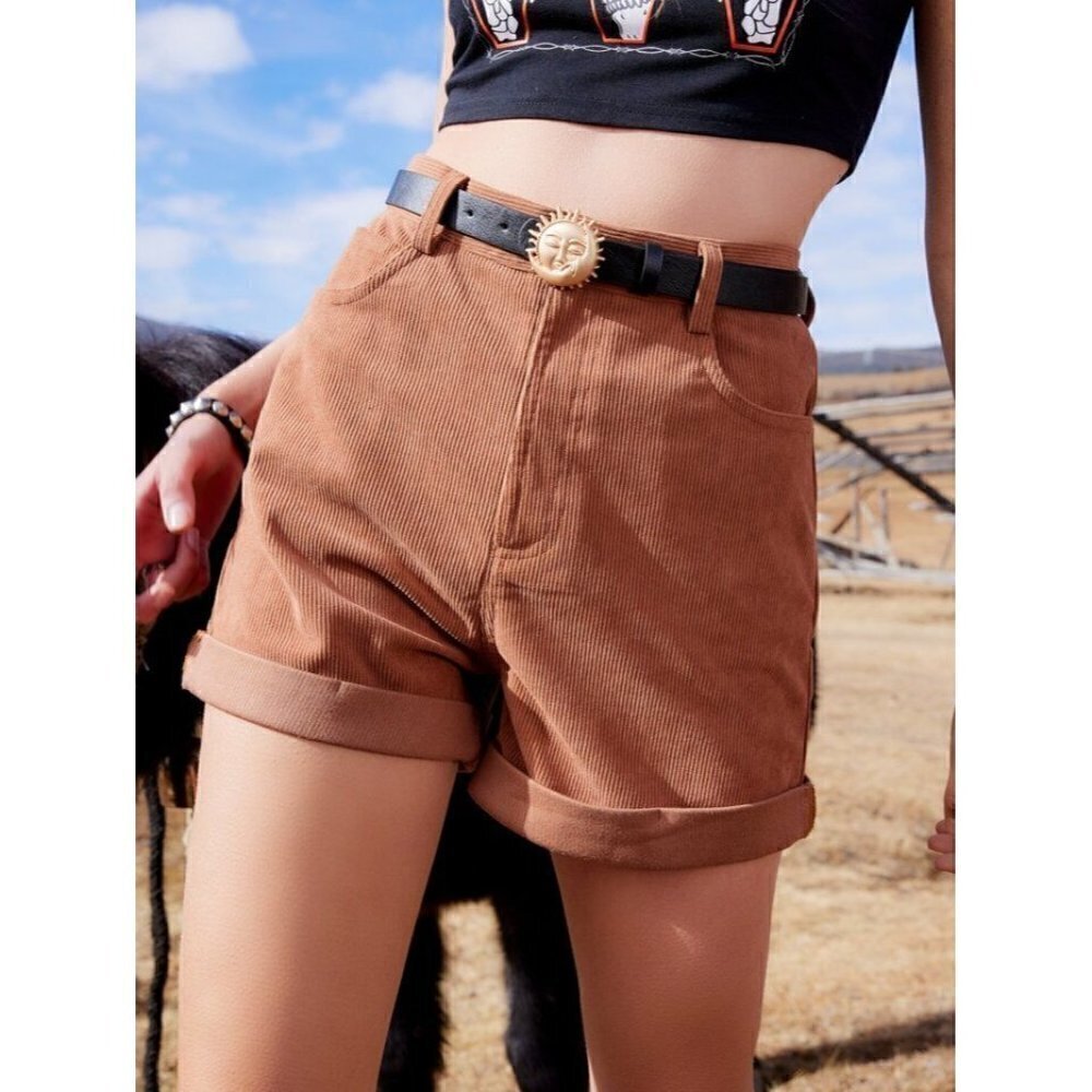 Romwe Brown‎ High Rise Corduroy Rolled Cuff Shorts 4